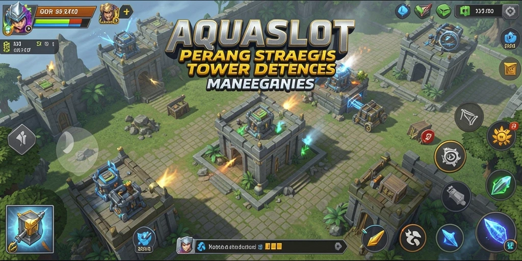 Tampilan dinamis gameplay AQUASLOT dalam Tower Defense.