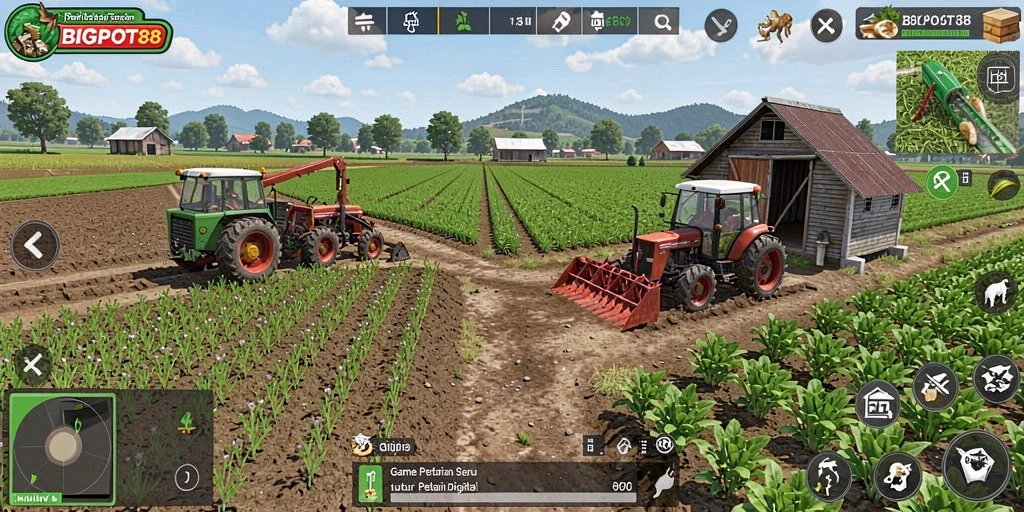 Tangkapan layar gameplay BIGPOT88 menampilkan aktivitas bertani yang seru.