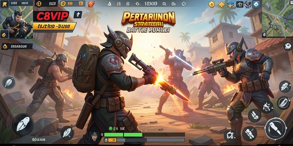 Screenshot gameplay C8VIP menunjukkan aksi menegangkan di arena Battle Royale.
