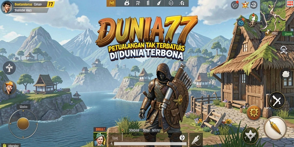 Screenshot menunjukkan pemain menjelajahi lingkungan luas di DUNIA77.