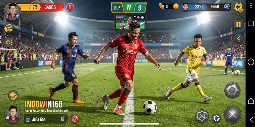 Tangkapan layar INDOWIN168 menampilkan aksi seru di lapangan sepak bola.