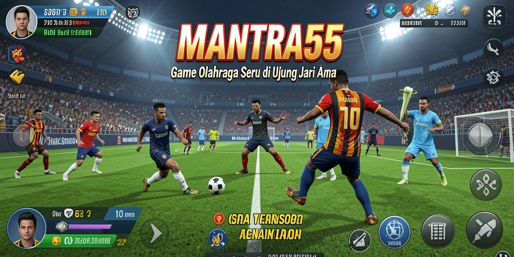 Screenshot utama MANTRA55 menampilkan aksi gameplay olahraga yang intens.