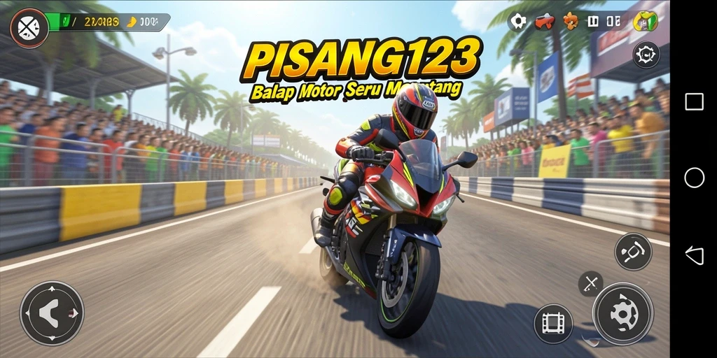 Tangkapan layar gameplay PISANG123 menampilkan balapan motor yang mendebarkan.