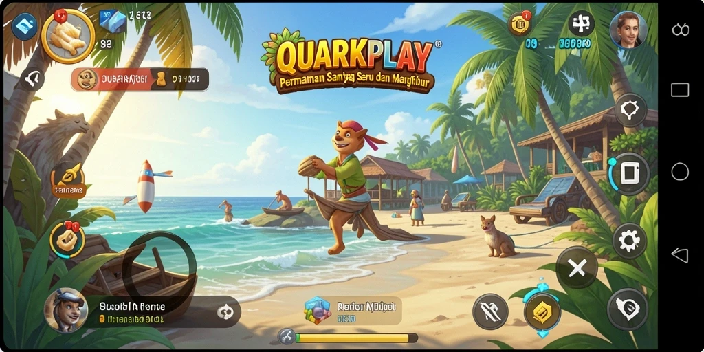 Screenshot utama QUARKPLAY menampilkan gameplay yang ceria dan interaktif.